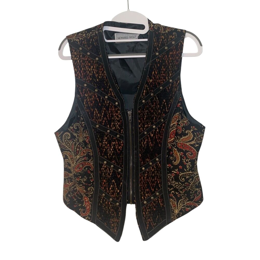 Howard Wolf Womens Paisley Vest 10 Boho Western Studded Zip Front Tapestry